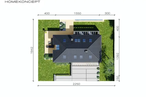 Projekt domu na małą działkę z basenem i tarasem. Kompaktowa bryła z ciemnym dachem i licznymi oknami dachowymi.