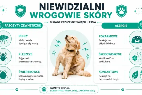 Pies drapie się z powodu pasożytów zewnętrznych (pchły, kleszcze, świerzbowce) lub alergii (pokarmowych, środowiskowych, kontaktowych).