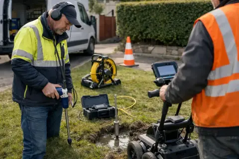 Deux techniciens utilisent un équipement spécialisé pour comment trouver une fuite d'eau dans le sol. L'un écoute avec un appareil, l'autre surveille un écran.