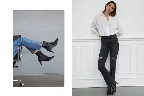 En kvinna i svarta, slitna vmbrenda jeans och en vit skjorta lutar sig mot en vägg. En annan bild visar en närbild på benen i ljusa vmbrenda jeans och svarta stövletter.