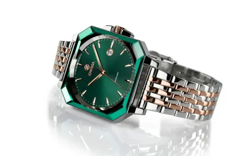 Reloj Jowissa con esfera verde y bisel facetado, brazalete bicolor. El **swiss made significado** es garantía de calidad y precisión en este elegante accesorio.