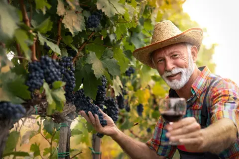 Winzer mit Strohhut hält Glas Rotwein, umgeben von reifen Weintrauben. Er bereitet sich darauf vor, Wein anzusetzen mit den frischen Trauben.