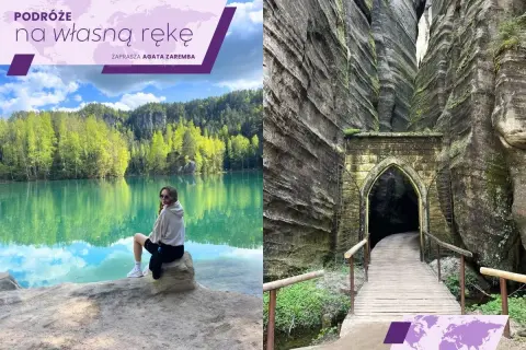 Podróżniczka siedzi nad turkusowym jeziorem, a obok widać wejście do skalnego miasta w Polsce.