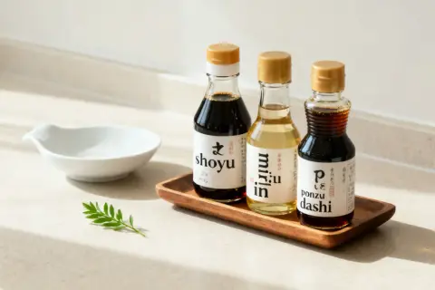 Tre flaskor med japanska smaksättare: shoyu, mirin och ponzu dashi. Perfekt för att ge ditt soja innehåll en extra touch.