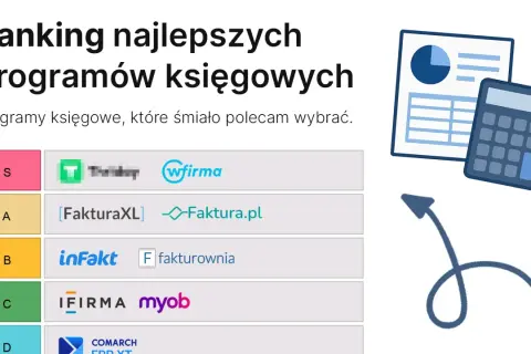 Ranking programów księgowych, od S do D. Szybka faktura i inne opcje. Kalkulator i wykresy sugerują analizę finansową.