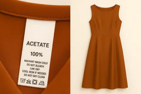 Brązowa sukienka z **acetate materiału po polsku**. Metka informuje o składzie i sposobie pielęgnacji.