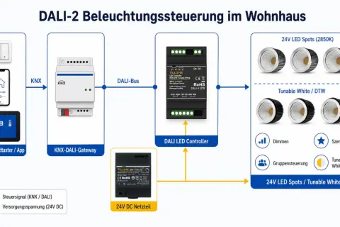 Schema einer DALI-2 Beleuchtungssteuerung im Wohnhaus mit KNX-Gateway, DALI-Controller und 24V LED Spots.