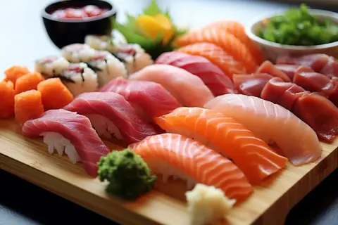 Vielfalt an Sushi: Nigiri mit Lachs, Thunfisch und weißem Fisch, dazu Maki-Rollen und kleine Lachs-Würfel. Was ist Sashimi Sushi? Hier sehen Sie die reine Fisch-Kunst.