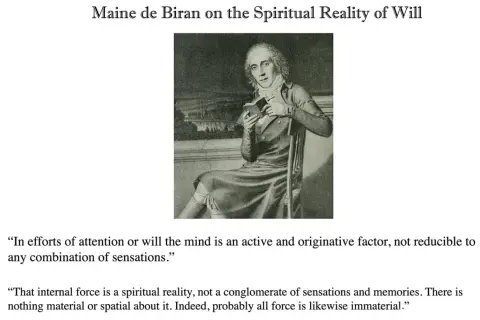 Portrait gravé de Maine de Biran, philosophe, tenant un livre, méditant sur la volonté.