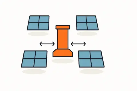 Illustration zeigt vier Solarmodule um einen orangefarbenen Schornstein. Pfeile deuten auf den nötigen photovoltaik abstand schornstein.