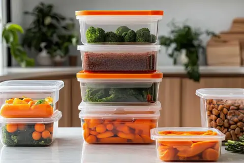 Recipientes con brócoli, zanahorias y lentejas. Averigua cuanto duran las lentejas en la nevera para conservarlas frescas.