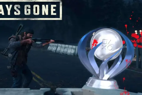 Deacon St. John zielt mit seiner Schrotflinte, während ein glänzender Pokal mit roten Spritzern und den PlayStation-Symbolen im Vordergrund steht. Ein Hinweis auf die Jagd nach Days Gone Sammelobjekten.