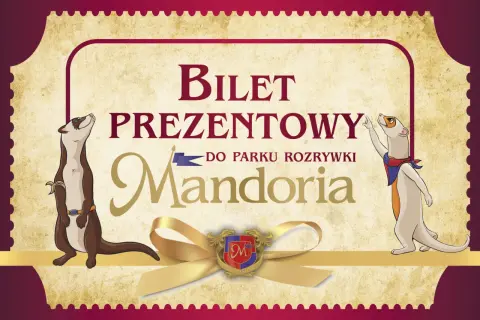 Bilet prezentowy do parku rozrywki Mandoria. Dwa urocze zwierzątka zapraszają do zabawy.
