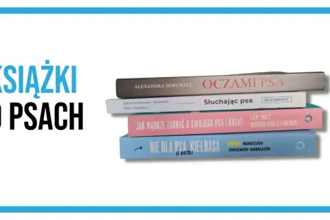 Stos książek o psach: "Oczami psa", "Słuchając psa", "Jak mądrze zadbać o swojego psa i kota?", "Nie dla psa kiełbasa (i kota)".