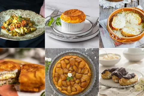 Collage de menjars típics de França: ratatouille, soufflé, sopa de ceba, escalope, tarta Tatin i éclairs.