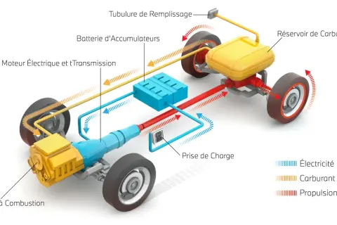Schéma montrant comment fonctionne une voiture hybride : moteur à combustion, moteur électrique, batterie, réservoir de carburant et prise de charge.