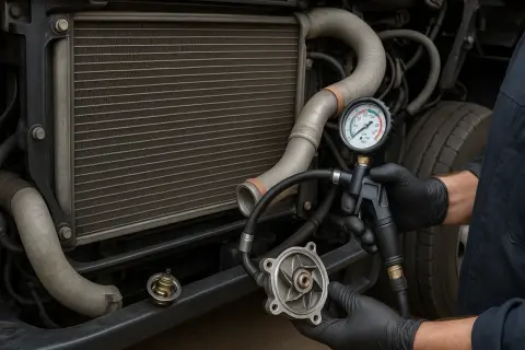 Mechanik sprawdza ciśnieniomierzem pompę wody, szukając przyczyn wysokiego ciśnienia w układzie chłodzenia. Obok leży termostat.