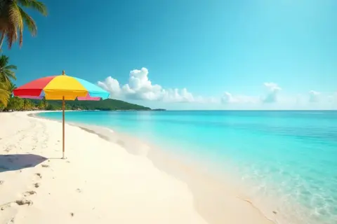 Rajska plaża z palmami i kolorowym parasolem. Idealne miejsce na wakacje, kiedy Dominikana jest najtaniej.