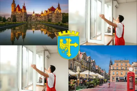 Kolaż: zamek, montaż okien, herb Opola, rynek z kawiarniami.