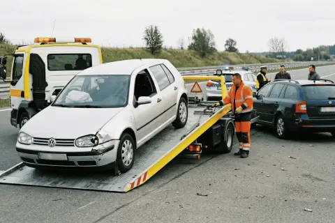 Srebrny samochód na lawecie, obok stoi pomoc drogowa i policja.