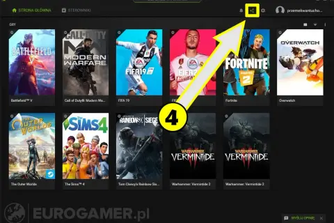 Ikona udostępniania w GeForce Experience, gdzie można włączyć licznik FPS. Widoczne gry: Battlefield V, Call of Duty, FIFA 19, Fortnite, Overwatch.