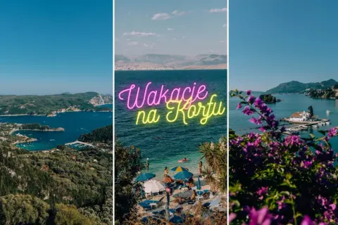 Trzy panele: widok na zatokę z górami, plaża z napisem "Wakacje na Korfu", klasztor na wysepce.