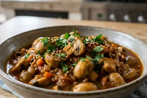 Un plat de champignons à la grecque, mijoté avec des carottes et des herbes, servi dans un bol rustique.
