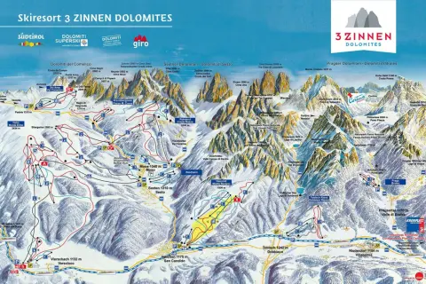 Mapa ośrodka narciarskiego 3 Zinnen Dolomites z zaznaczonymi trasami i szczytami, w tym słynnymi Tre Cime.