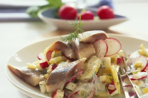 Schwedischer Kartoffelsalat mit Matjes, Radieschen und Dill. Ein köstliches Gericht, das den Geschmack des Sommers einfängt.