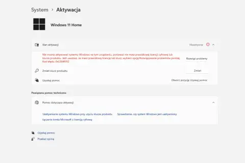 Stan aktywacji Windows 11 Home: Nieaktywne. Brak prawidłowej licencji lub klucza produktu. Możliwość rozwiązania problemów lub zmiany klucza.