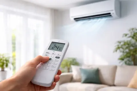 Une main tient une télécommande pour régler le climatiseur en mode auto. L'air frais est diffusé dans la pièce.