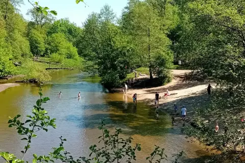 Słoneczny dzień nad Świdrem. Ludzie kąpią się i odpoczywają na piaszczystej plaży wśród zieleni.