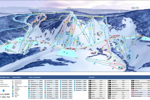 Mapa ośrodka narciarskiego z trasami, wyciągami i parkingami. Idealna do planowania dnia na stoku i zakupu skipassu.