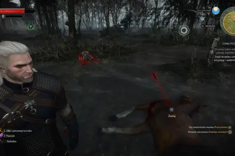 Geralt szuka śladów ataku, by odnaleźć cenną przesyłkę w mrocznym lesie. W pobliżu leży martwy koń.