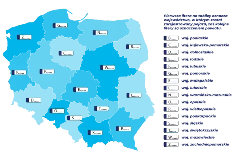 Mapa Polski z literami oznaczającymi województwa. Pierwsza litera na tablicy to co to za rejestracja, np. G to woj. pomorskie.