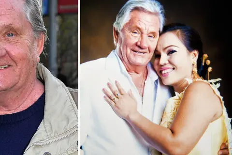 En äldre man och en yngre kvinna ler mot varandra. Mannen har grått hår och en beige jacka. Kvinnan har mörkt hår och en gul klänning. Kanske är det en av de där "little gerhard fruar" som man hör talas om.