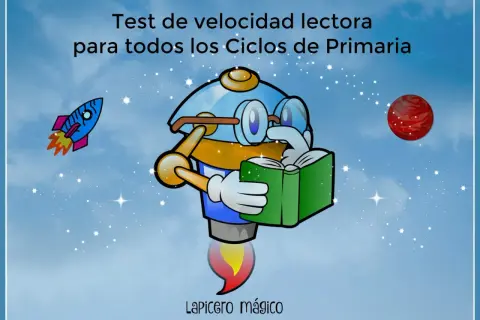 Un robot con gafas lee un libro, listo para mejorar la velocidad lectora primaria. Un cohete y un planeta flotan en el cielo estrellado.