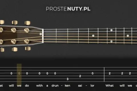 Proste nuty na gitarze dla początkujących. Widok gryfu gitary z tabulaturą i tekstem piosenki.