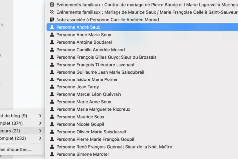 Liste de personnes dans un logiciel de généalogie, "Personne André Seux" est sélectionné. ad65 en ligne.