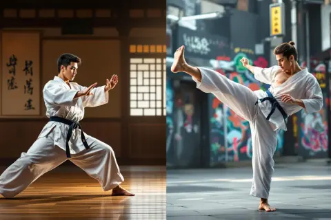 Två män i vita dräkter utövar budo kampsport. Den ena i en traditionell dojo, den andra med en bakgrund av graffitiväggar.
