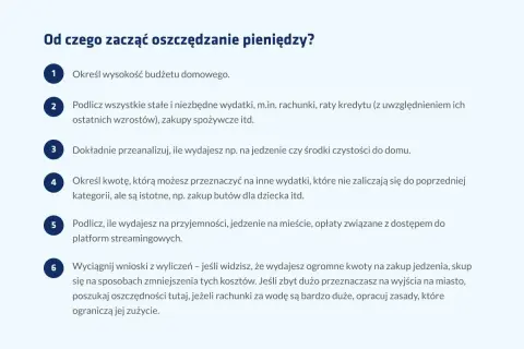 Lista kroków, jak zacząć oszczędzać pieniądze: budżet, stałe wydatki, analiza bieżących kosztów, wyznaczanie kwot na inne potrzeby, przyjemności i wnioski.