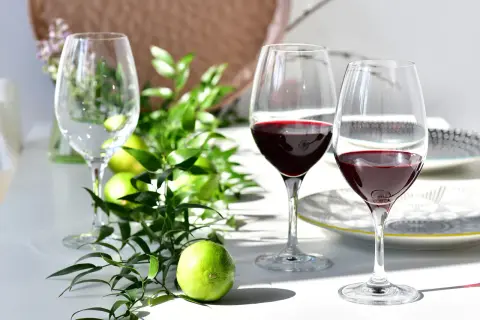 Dwa kieliszki do porto z czerwonym winem, zielone limonki i gałązki na białym stole.