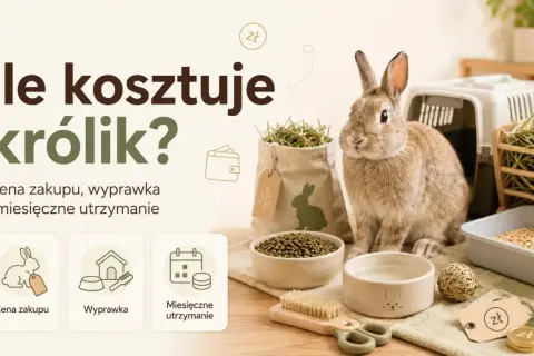 Ile kosztuje królik? Obraz przedstawia uroczego królika, jego wyprawkę i koszty utrzymania.