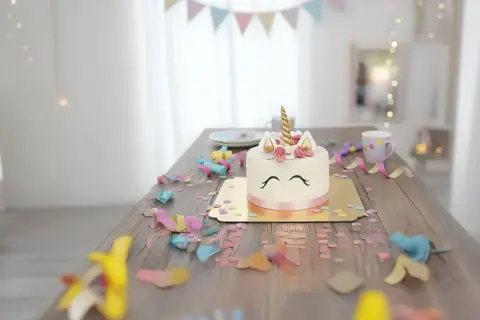 En förtrollande unicorn tårta står på ett träbord, omgiven av konfetti och serpentiner. En magisk födelsedagsfest!