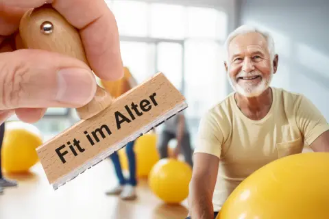 Ein Mann stempelt "Fit im Alter" auf ein Bild von einem lächelnden älteren Mann, der von Gymnastikbällen umgeben ist.
