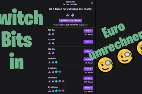 Twitch Bits in Euro umrechnen? Hier siehst du die Preise für Bits, z.B. 300 Bits für 3,14 €.