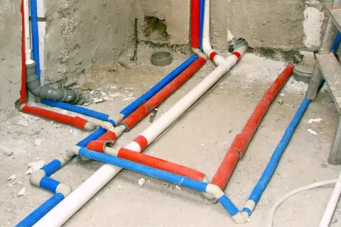 Skomplikowana instalacja wodna w domu, z rurami w kolorach czerwonym, niebieskim i białym, przygotowana do ukrycia pod tynkiem.
