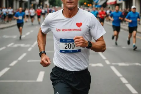 Biegacz z numerem 200 na koszulce, z sercem i napisem "Montréal", osiąga tętno maksymalne podczas wyścigu.