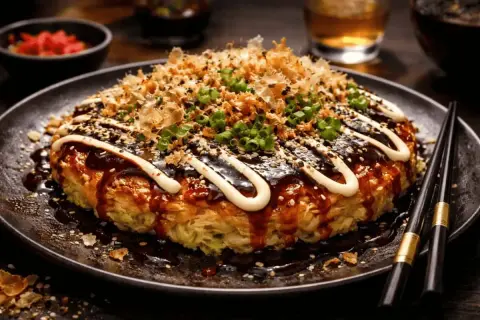 En läcker okonomiyaki med generöst med okonomiyaki sås, majonnäs, sesamfrön och grön lök.