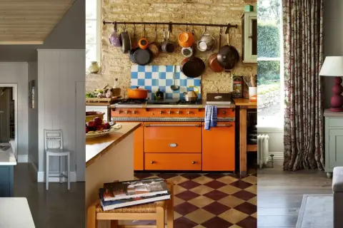 A collage of three rooms showcasing farmhouse style: a modern kitchen island, a rustic kitchen with an orange range, and a living area with floral curtains and a map.